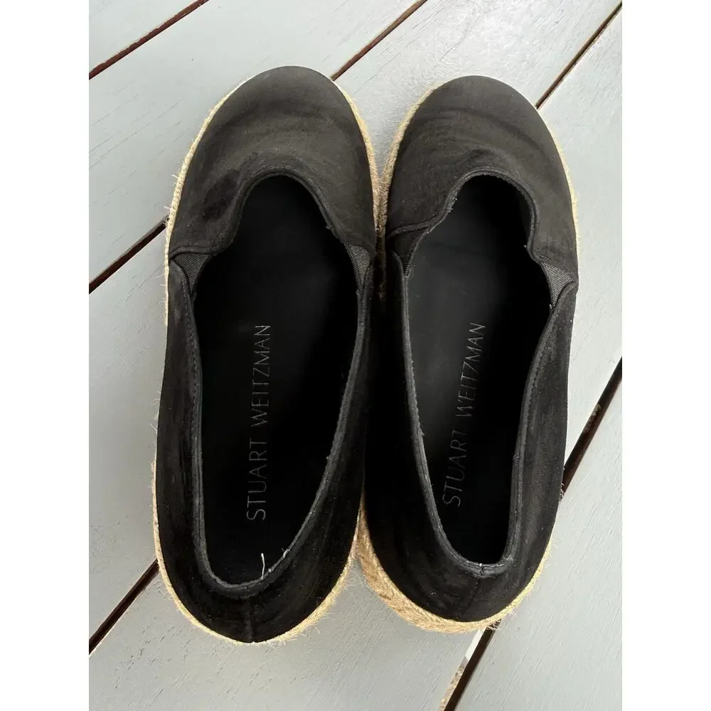 Stuart Weitzman Women's Size 6M Black Beige Suede Espadrille Flats Slip On Shoes